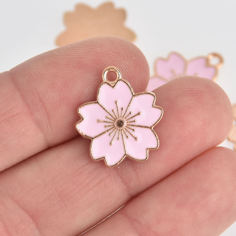 5 Pink Flower Charms, Rose Gold with Enamel, chs7149