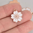 5 White Flower Charms, Rose Gold with Enamel, chs7150
