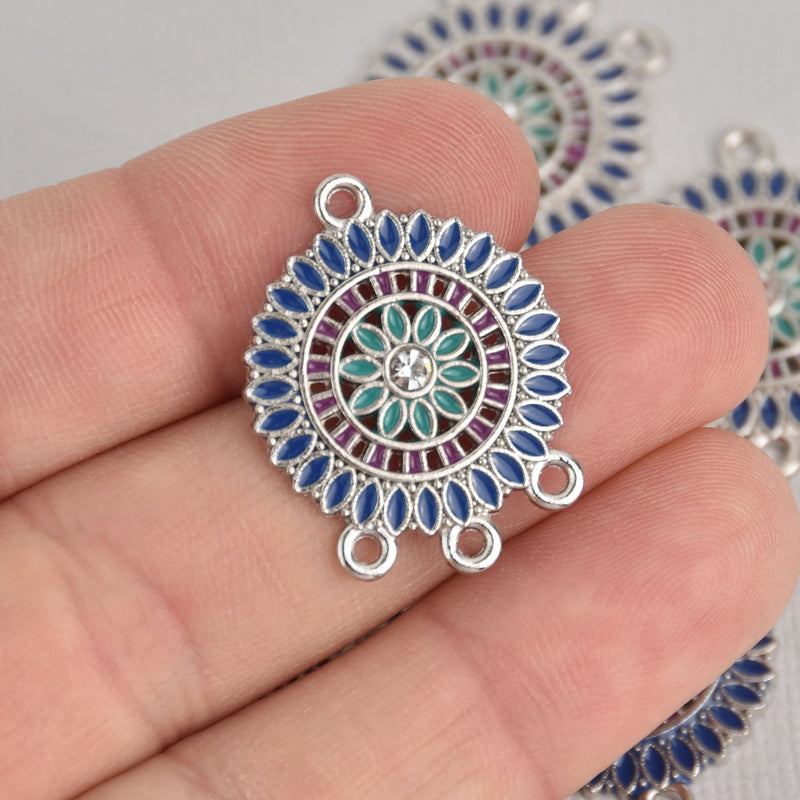 5 Blue Flower Mandala Charms, Silver Metal with Enamel, connector link, chs7153