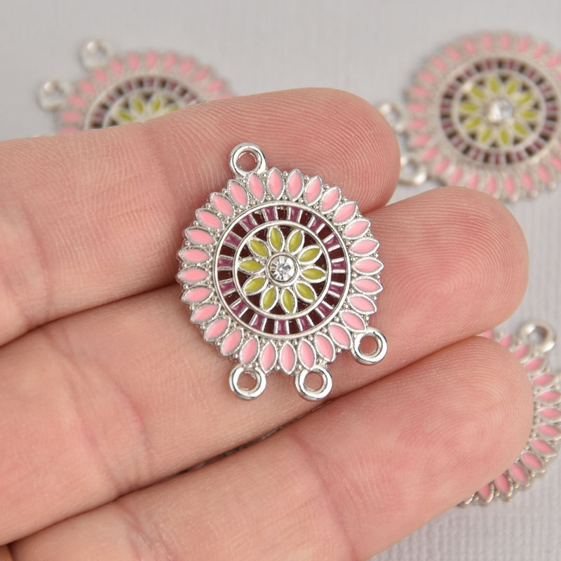 5 Pink Flower Mandala Charms, Silver Metal with Enamel, connector link, chs7154