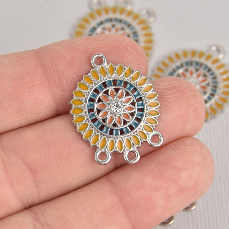 5 Yellow Flower Mandala Charms, Silver Metal with Enamel, connector link, chs7155