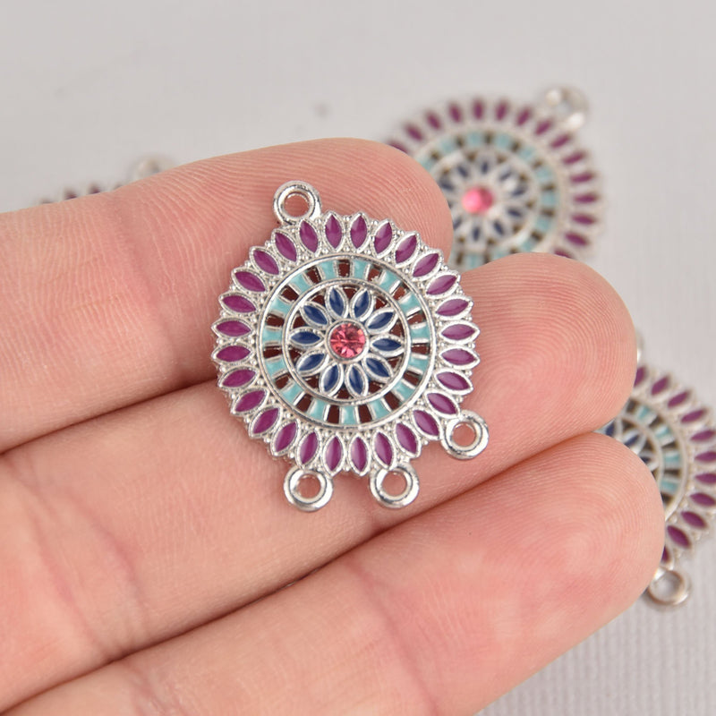 5 Purple Flower Mandala Charms, Silver Metal with Enamel, connector link, chs7156