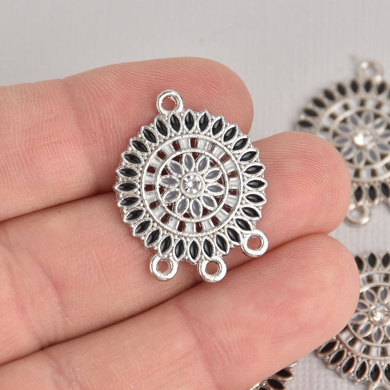 5 Black Flower Mandala Charms, Silver Metal with Enamel, connector link, chs7157