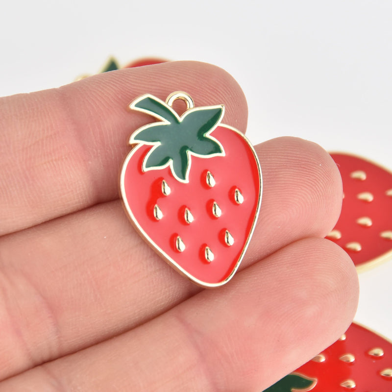 2 Strawberry Charms, gold plated with enamel, 27mm, chs7160