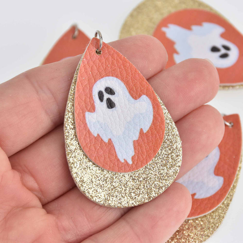 5 Halloween Charms, Faux Leather Teardrops, Ghost with Glitter, Vegan Leather, 2-1/4" long chs7164