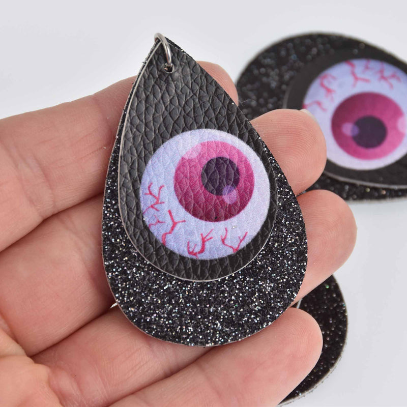 5 Halloween Charms, Faux Leather Teardrops, Eyeball with Glitter, Vegan Leather, 2-1/4" long chs7165