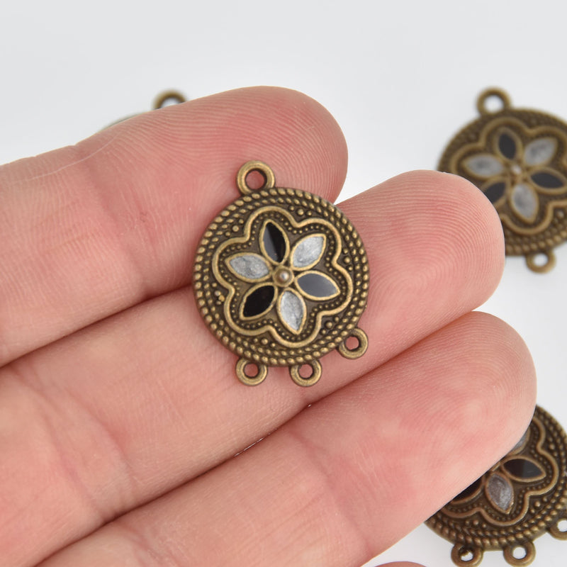 5 Bronze Flower Mandala Charms, Black Gray Enamel, connector link, chs7166