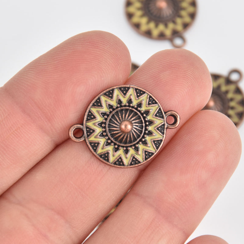 5 Copper Flower Mandala Charms, Yellow Enamel, connector link, chs7167
