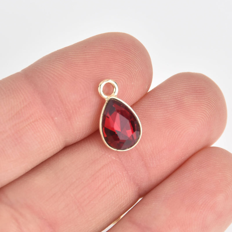 10 Red Crystal Drop Charms, Teardrop with Gold Plate, chs7173