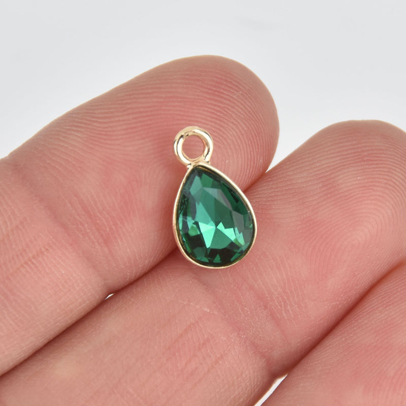 10 Green Crystal Drop Charms, Teardrop with Gold Plate, chs7174