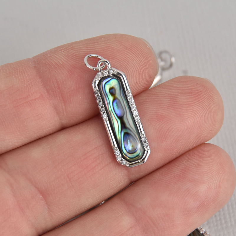 2 Rainbow Abalone Shell Charms, Silver Plated with CZ Micro Pave Rhinestones, 1", chs7175