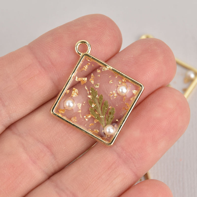2 Pressed Flower Gold Charms, Square Resin with faux pearls, 31mm, chs7192