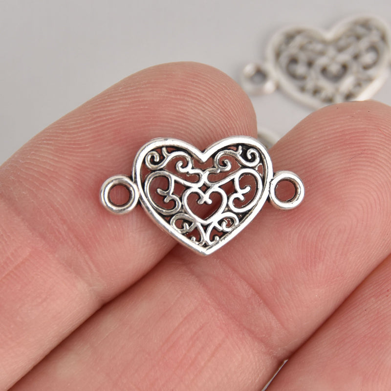 10 Silver Filigree Heart Charms, Connector Links, 21mm x 12mm, chs7195