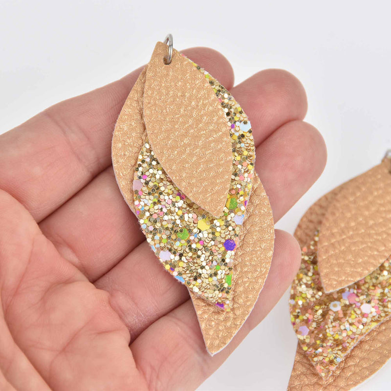 5 Faux Leather Teardrop Charms, Gold and Glitter, Vegan Leather, 3" long chs7203