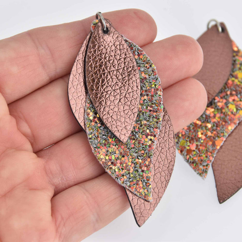 5 Faux Leather Teardrop Charms, Bronze and Glitter, Vegan Leather, 3" long chs7204