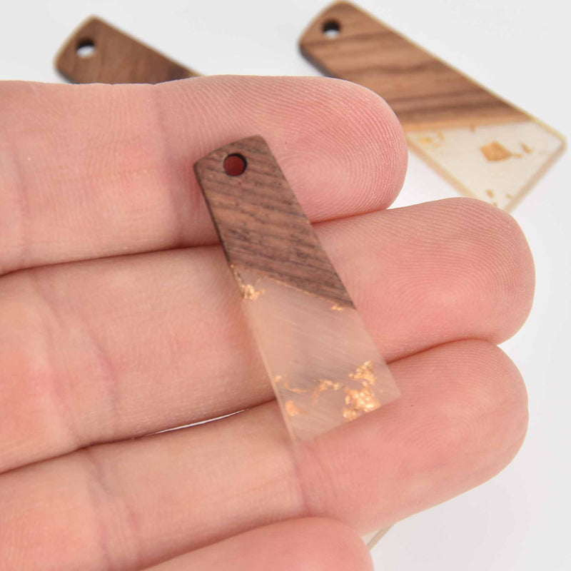 2 Colorblock Charms, Gold Flakes with Resin and Real Wood Trapezoid, 30mm long, chs7207