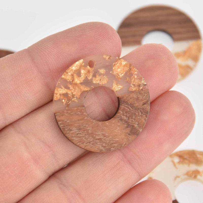 2 Round Donut Charms, Gold Flakes with Resin and Real Wood, 1-1/8", chs7208