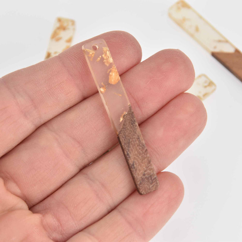 2 Stick Charms, Gold Flakes with Resin and Real Wood, 2" long, chs7210