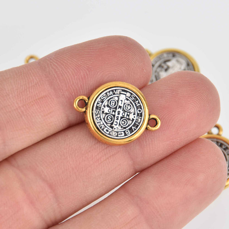 5 Religious Medal Charms Connector Links, Gold and Silver Relic, chs7215