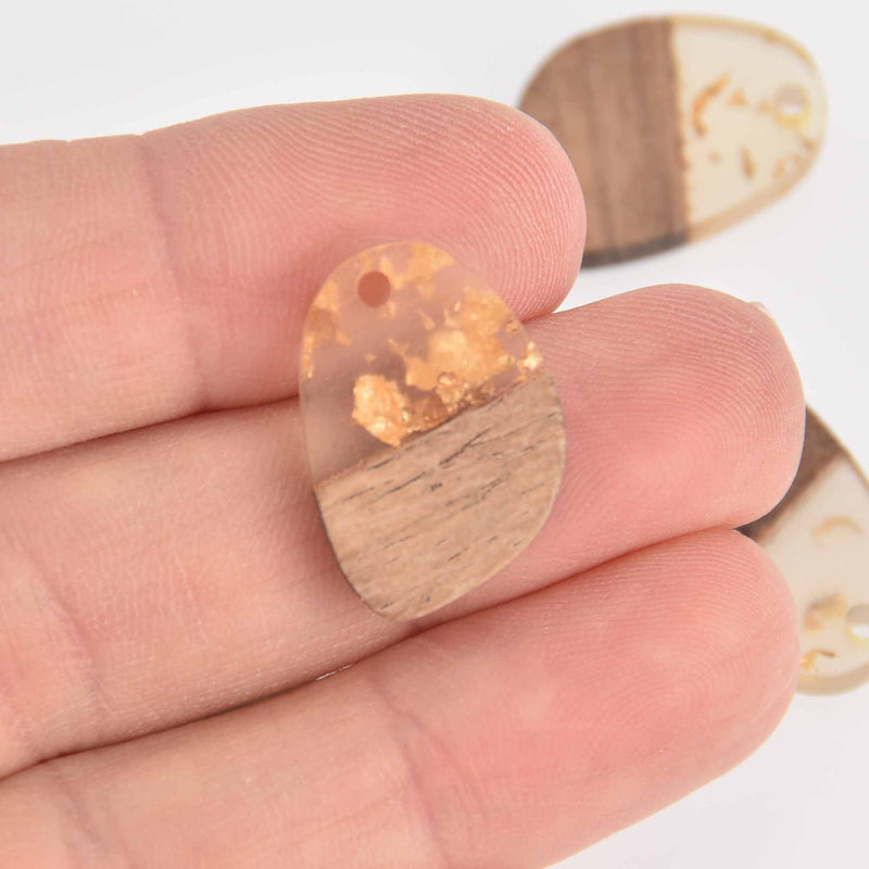 2 Oval Charms, Gold Flakes with Resin and Real Wood, 22mm, chs7220