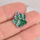 6 Green Paw Print Charms, Glitter Enamel with Silver, 16mm, chs7225