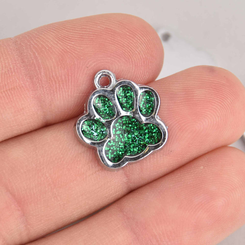 6 Green Paw Print Charms, Glitter Enamel with Silver, 16mm, chs7225