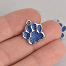 6 Royal Blue Paw Print Charms, Glitter Enamel with Silver, 16mm, chs7226