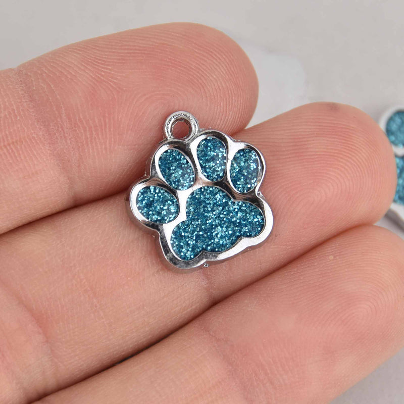 6 Turquoise Blue Paw Print Charms, Glitter Enamel with Silver, 16mm, chs7227