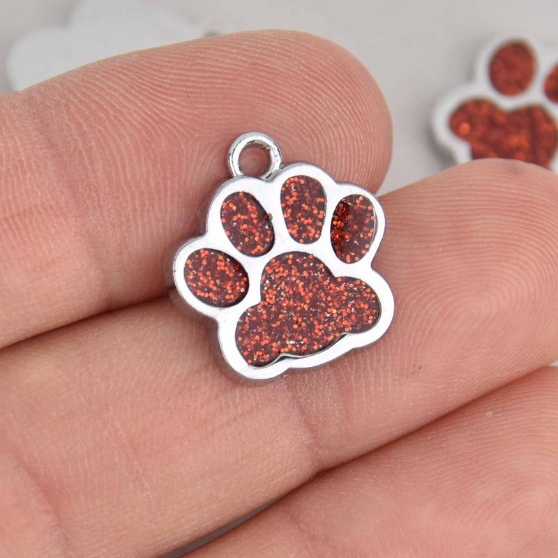 6 Red Paw Print Charms, Glitter Enamel with Silver, 16mm, chs7228