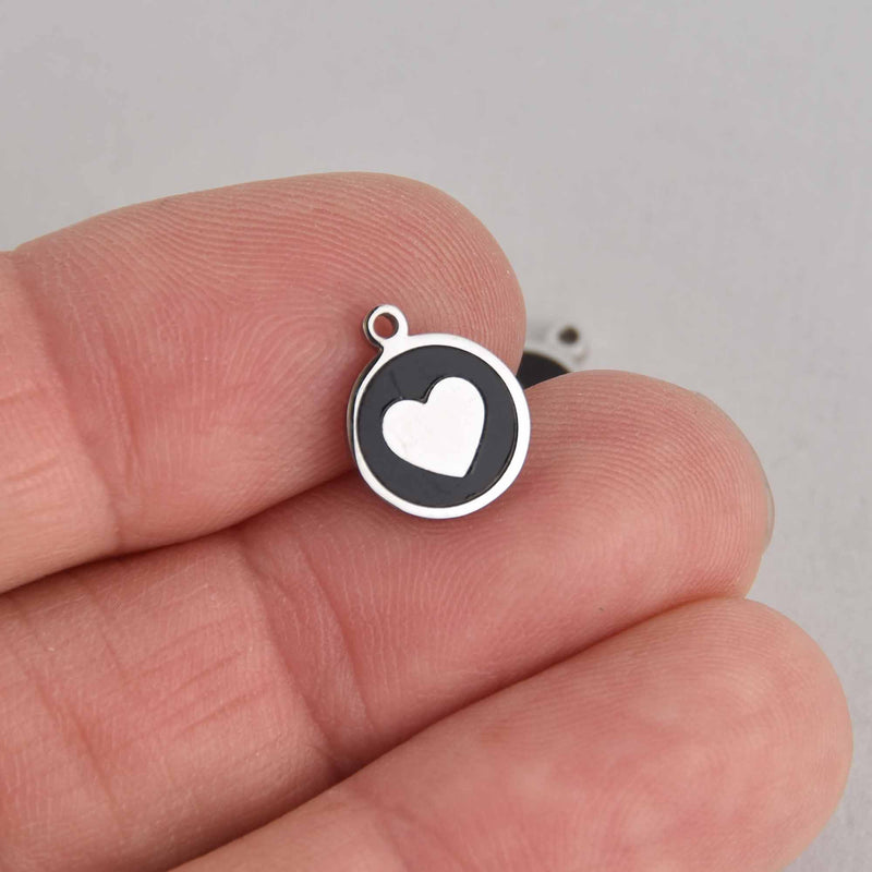 2 Stainless Steel Heart Charms, Silver with Black Inlaid Mother of Pearl Shell, chs7230