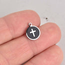 2 Stainless Steel Cross Charms, Silver with Black Inlaid Mother of Pearl Shell, chs7231