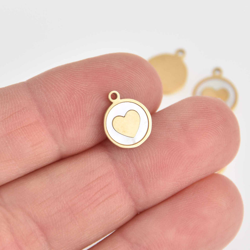 2 Stainless Steel Gold Heart Charms, Inlaid Mother of Pearl Shell, chs7232