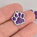 6 Purple Paw Print Charms, Glitter Enamel with Silver, 16mm, chs7235