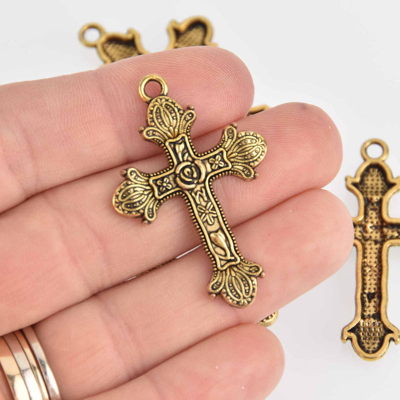 8 GOLD CROSS Charms, Floral Cross, 42x28mm, chs7239