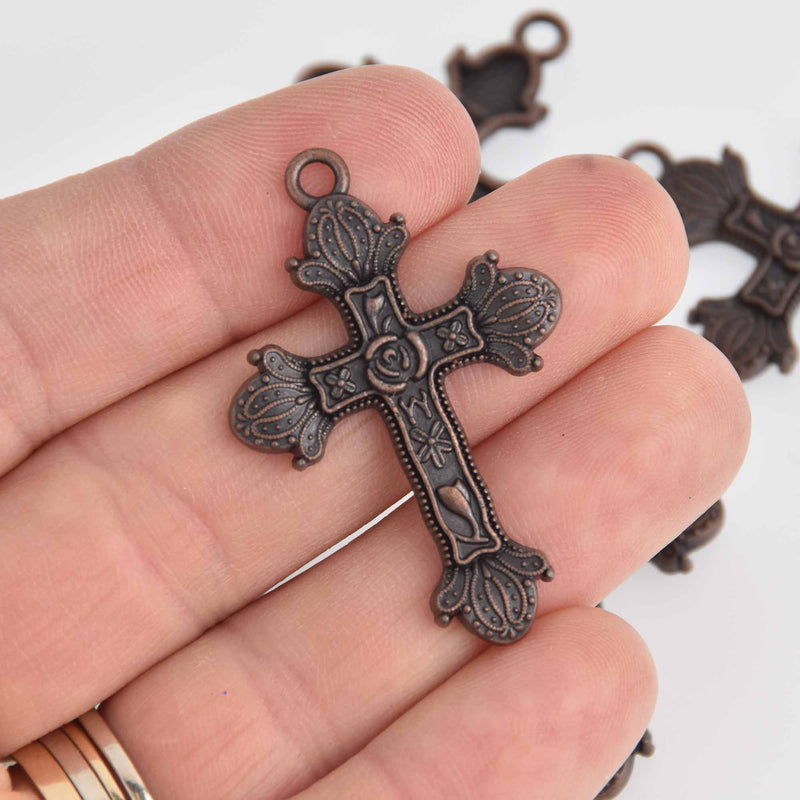 8 COPPER CROSS Charms, Floral Cross, 42x28mm, chs7240