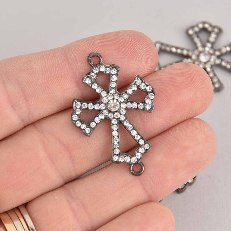 2 Black Rhinestone Cross Charms, Gunmetal with Crystals, Connector Link, 1-7/8" long chs7243