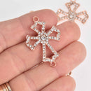 2 Rose Gold Rhinestone Cross Charms, Crystals, Connector Link, 1-7/8" long chs7244