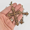 Topaz Rhinestone Cross Charm, Filigree Bronze Plated Metal with Crystals 3" long chs7247