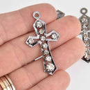 2 Black Rhinestone Cross Charms, Gunmetal with Crystals 1.75" long chs7254