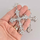 Silver Rhinestone Cross Charm, Filigree Silver Plated Metal with Crystals 3" long chs7255