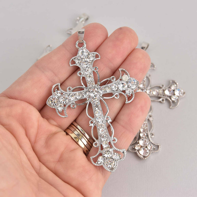 Silver Rhinestone Cross Charm, Filigree Silver Plated Metal with Crystals 3" long chs7255
