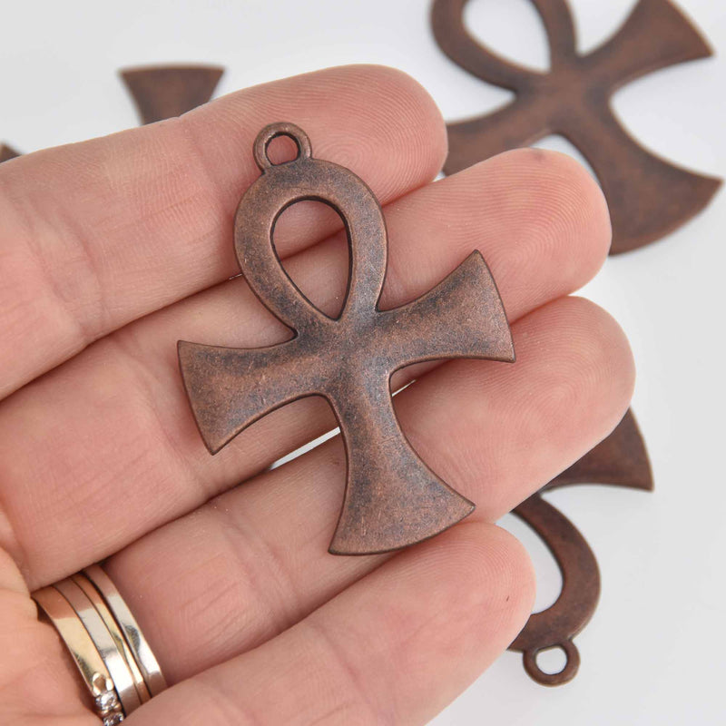 2 Copper Cross Relic Charm Pendants, Ankh Design, 1.75" long, chs7256