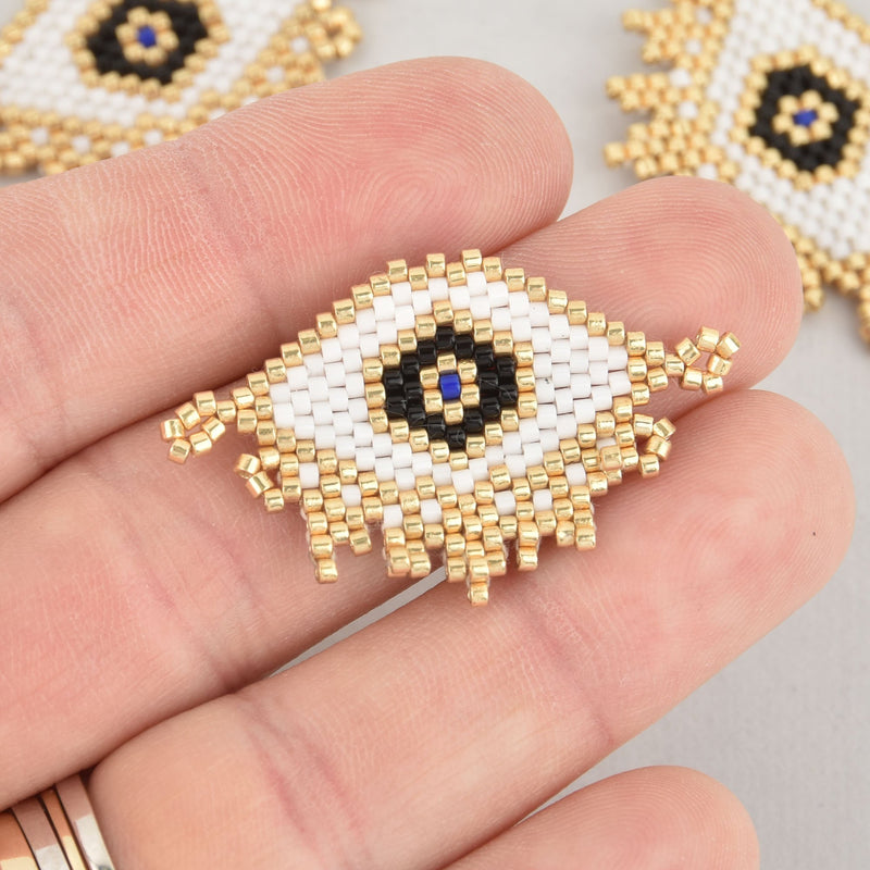1 Beaded Evil Eye Charm, Gold Miyuki Delica Seed Beads, 42mm chs7262