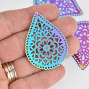 4 Metal Rainbow Teardrop Charms, Stainless Steel Filigree 48mm, chs7263