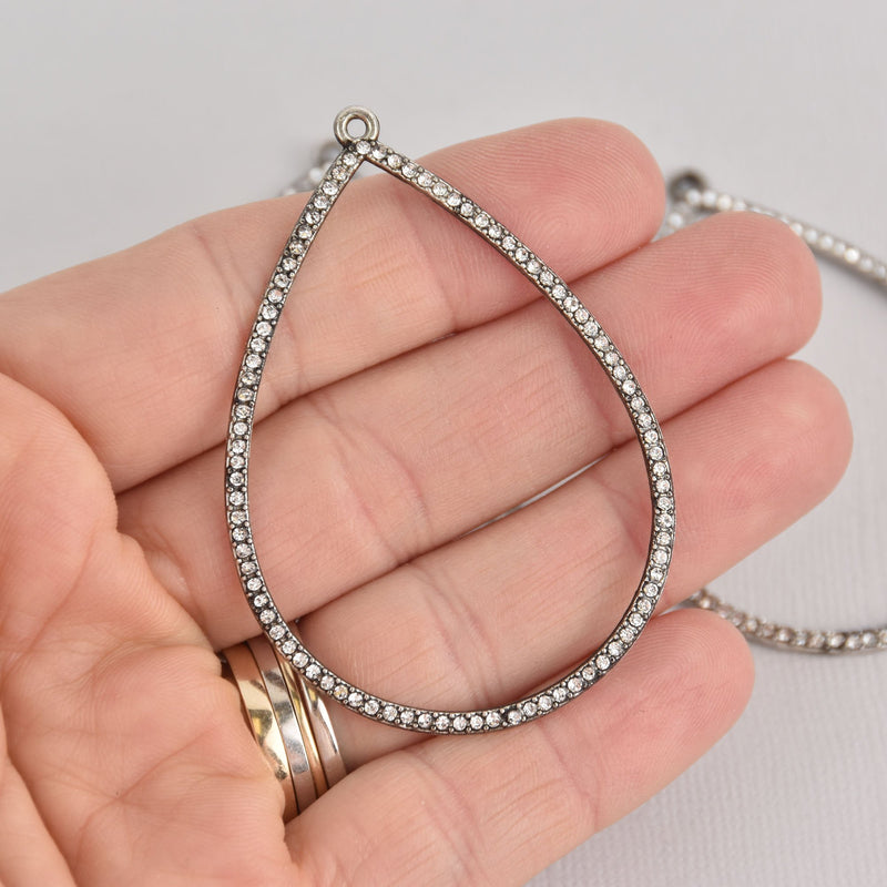 2 Crystal Teardrop Charms, Antiqued Silver Rhinestone, 2.5", chs7267