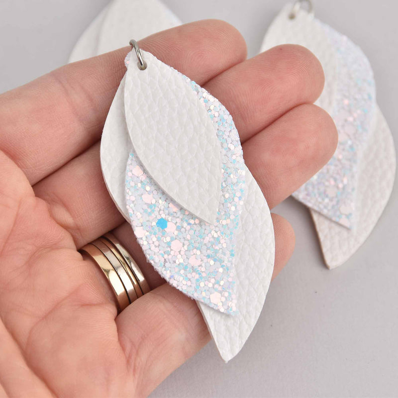 5 Faux Leather Teardrop Charms, White and Glitter, Vegan Leather, 3" long chs7268