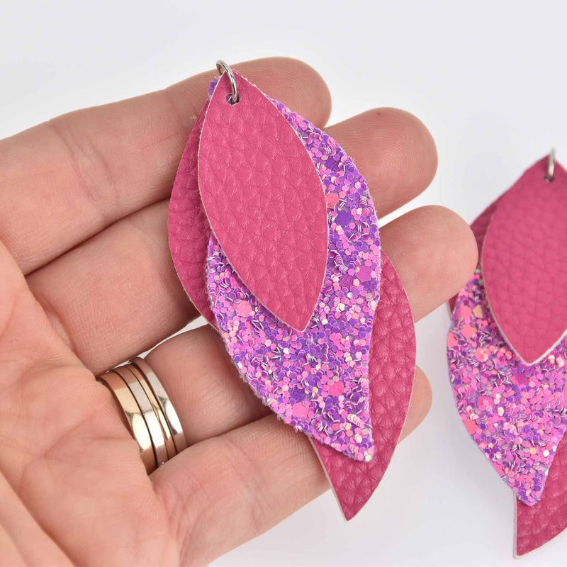 5 Faux Leather Teardrop Charms, Hot Pink and Glitter, Vegan Leather, 3" long chs7269