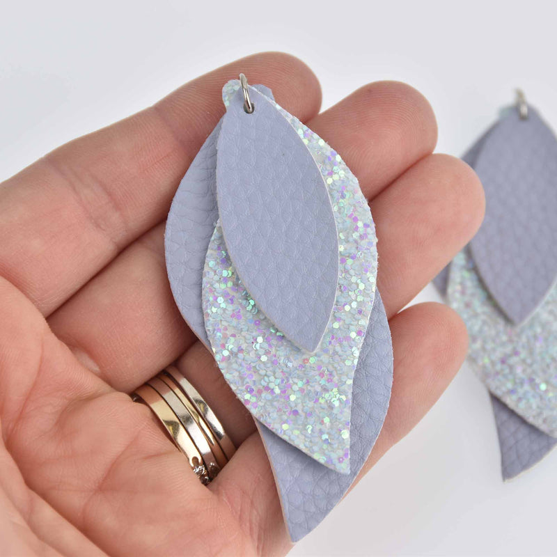 5 Faux Leather Teardrop Charms, Periwinkle and Glitter, Vegan Leather, 3" long chs7270