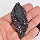 5 Faux Leather Teardrop Charms, Black and Glitter, Vegan Leather, 3" long chs7271