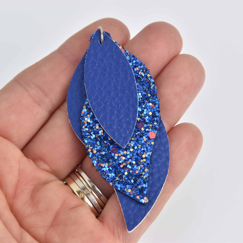 5 Faux Leather Teardrop Charms, Royal Blue and Glitter, Vegan Leather, 3" long chs7272
